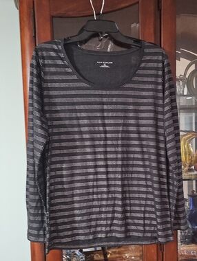 Ann Taylor Long-Sleeve Striped Embellished  Top Black & Silver Size XL